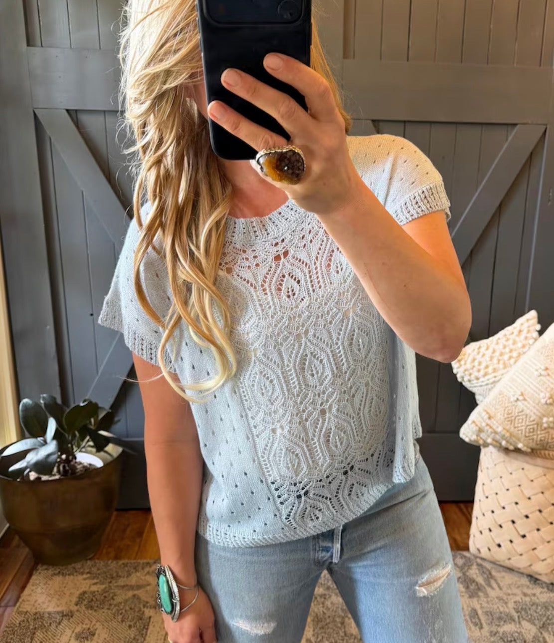 Crochet Cotton Knit Top: Lightweight Pullover Blue Sweater