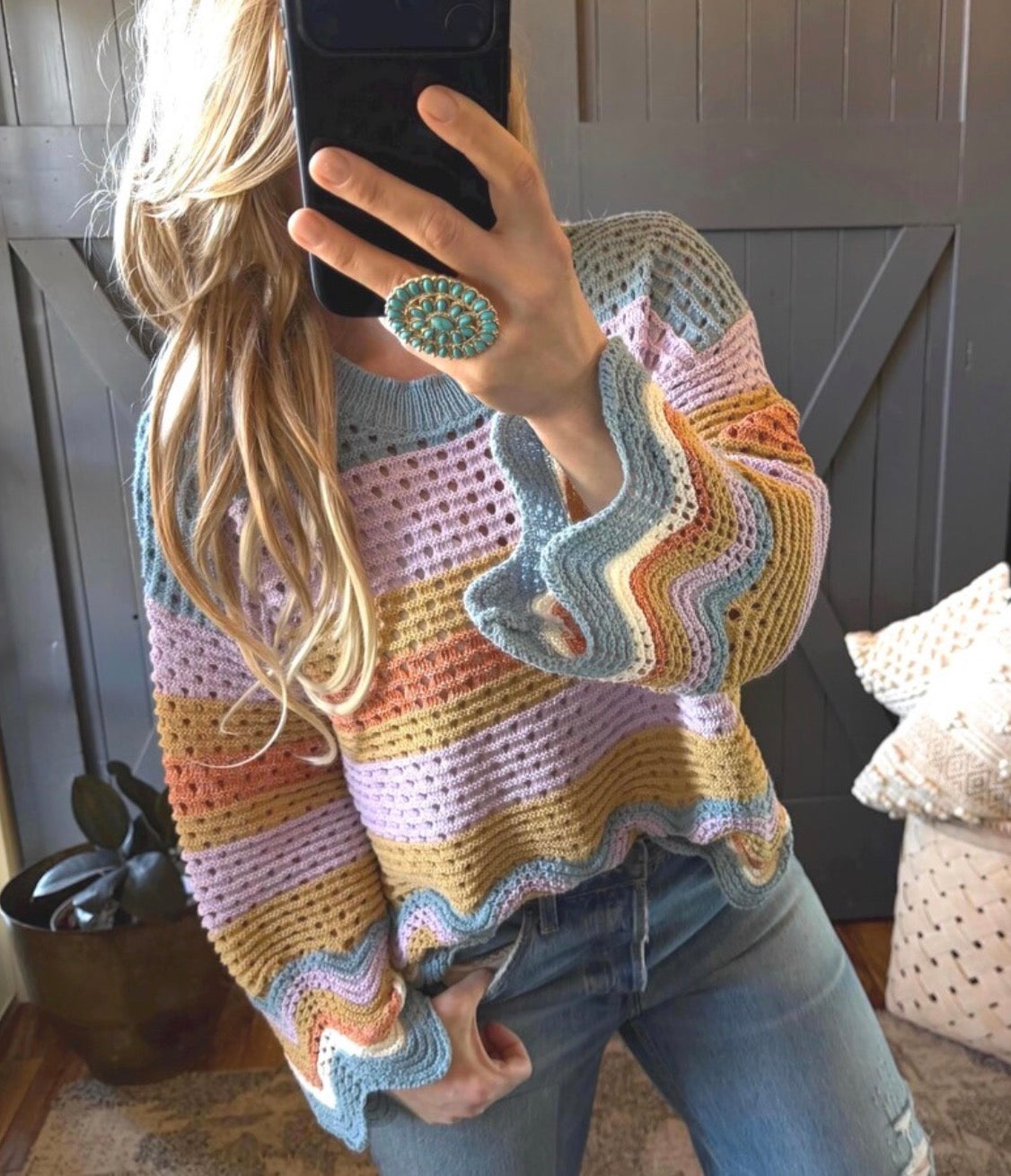 Striped Cotton Knit Lightweight Sweater - Lavender Tribe