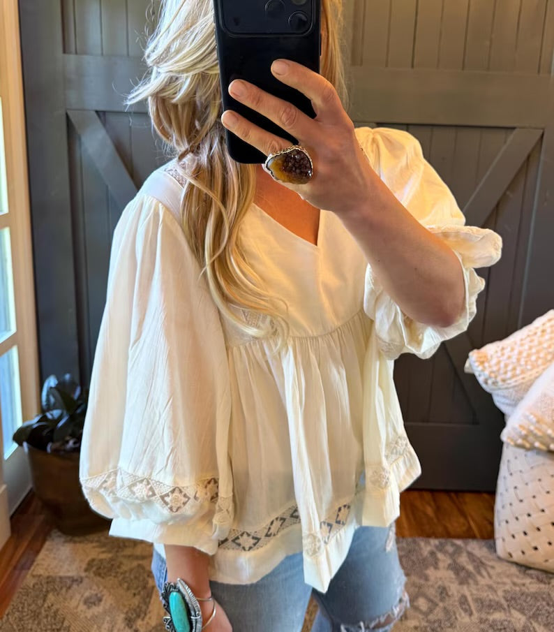 Embroidered Lace Linen Blouse