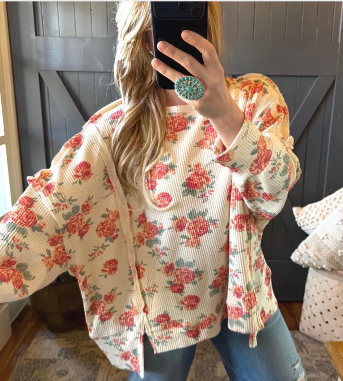 Oversized Floral Thermal Knit Top - Lavender Tribe