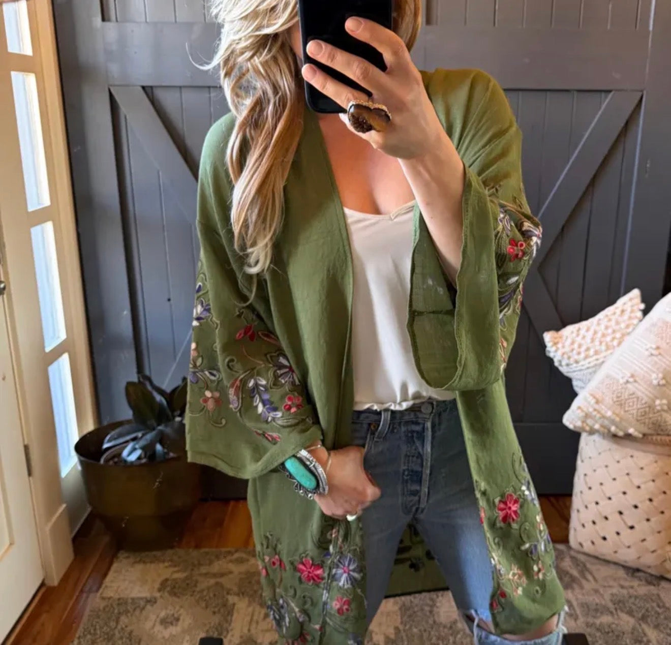 Twisp Embroidered Floral Green Cardigan Kimono - Lavender Tribe
