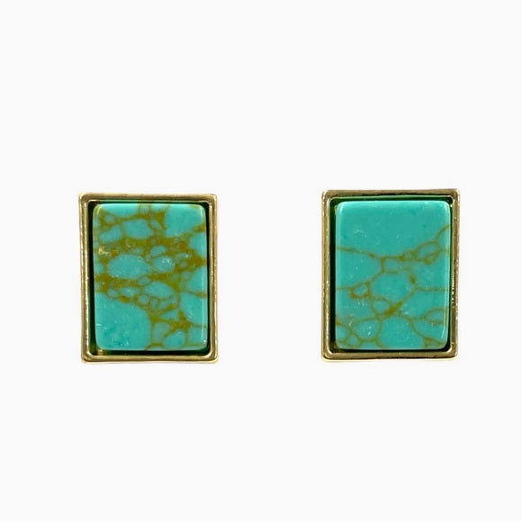 Close Up Beautiful Western Turquoise Gold Rectangle Stud Earring