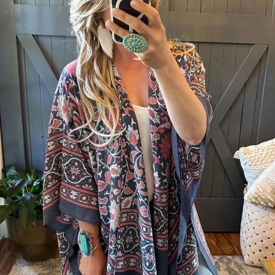 Bohemian Lightweight Kimono Cardigan featuring the sweetest boho print and fringed hem.