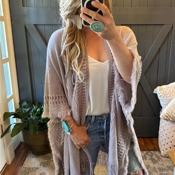 Bohemian Loom Handmade Knit Shall Cardigan with the sweetest fringed hem.    Soft Lavender Grey Crochet Knit Handmade in the USA