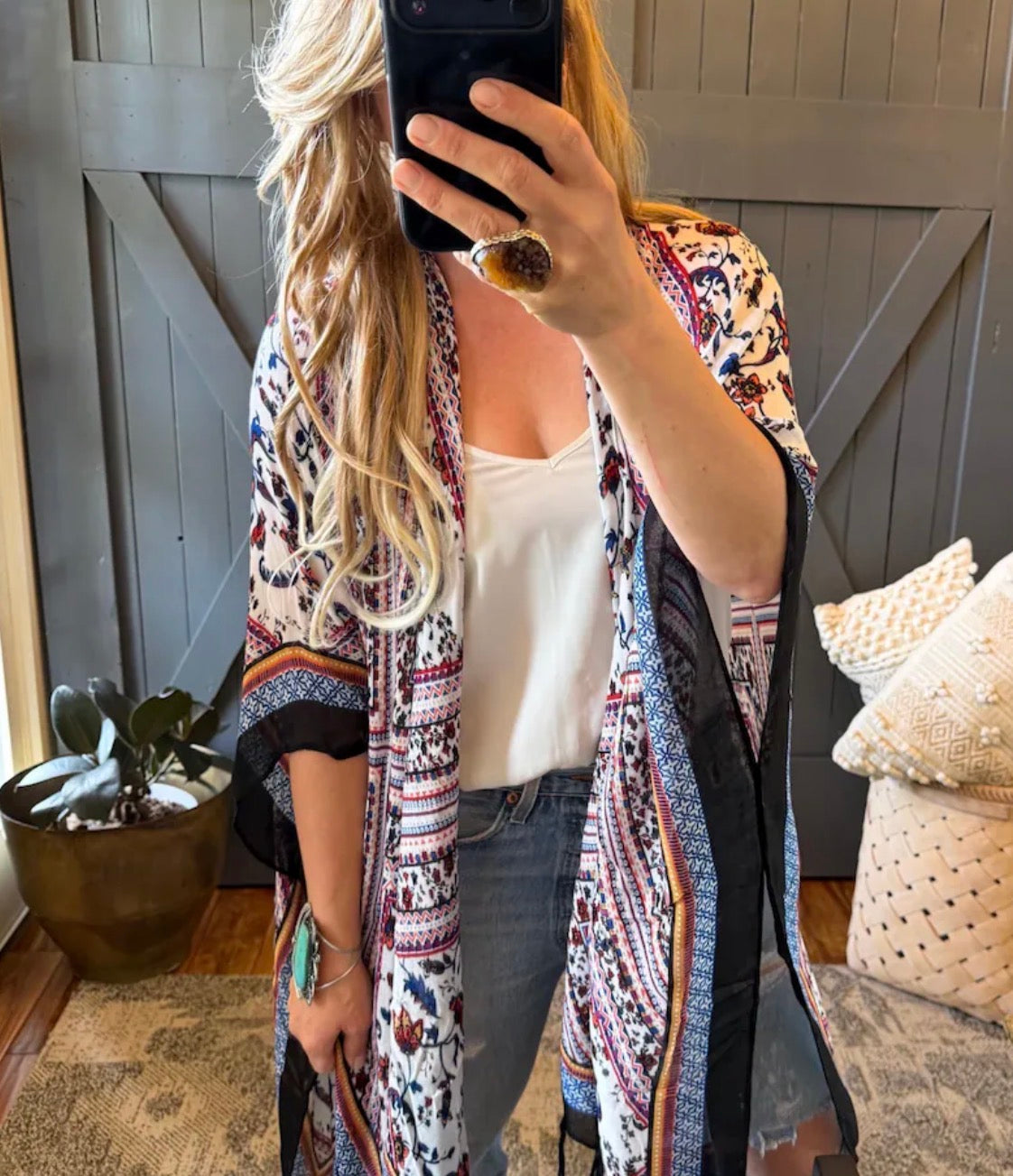 Lavender Tribe Lightweight Cardigan Kimono Bohemian Top - Floral Print and Fringed Hem