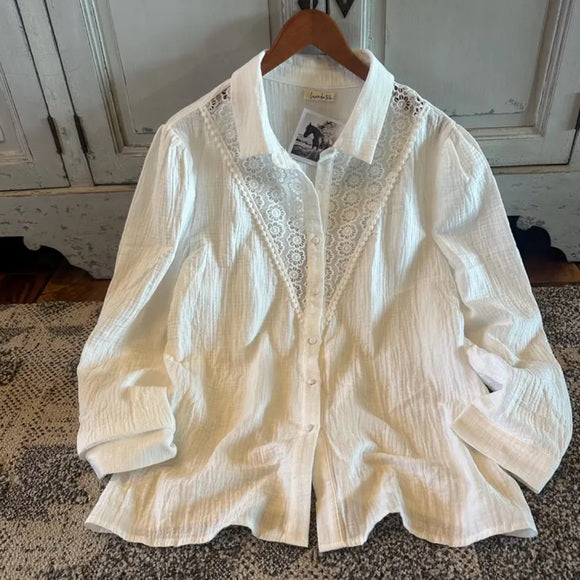 Handmade Crochet Lace Button Front Cotton Blouse