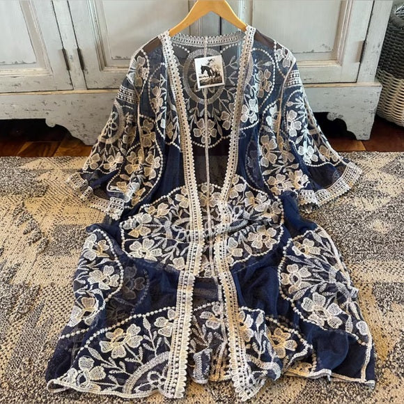 Hanging Handmade Navy Blue Embroidered Kimono