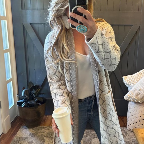 Handmade The Henry Faire Isle Geometric Print Long Belted Cardigan Sweater by Lavender Tribe Design. ;Darling Western geometric argyle pattern on the softest cotton base.