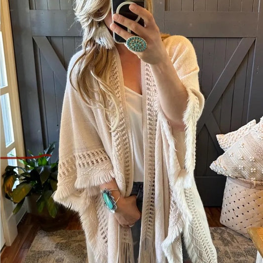 Bohemian Loom Knit Shall Cardigan with the sweetest fringed hem Model Selfti