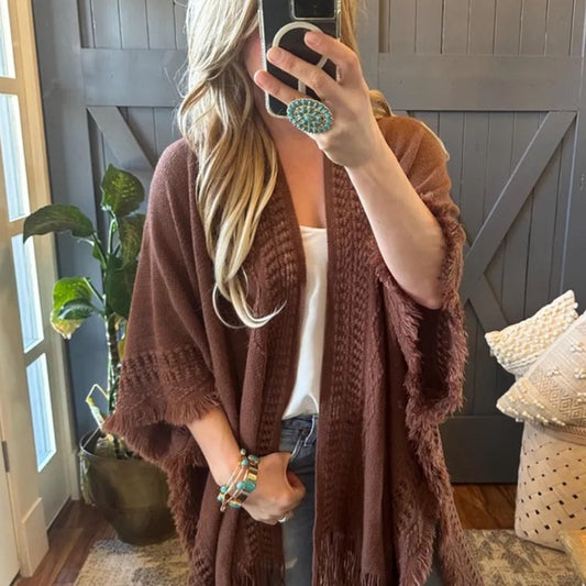 Model Selfie Lavender Tribe  Bohemian Loom Brown Knit Shall Cardigan