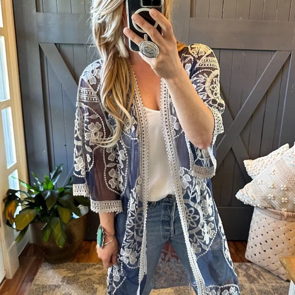 Model View Handmade Navy Blue Embroidered Kimono