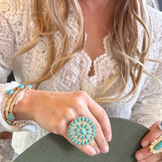 Model Squash Blossom Turquoise & Gold Western Ring