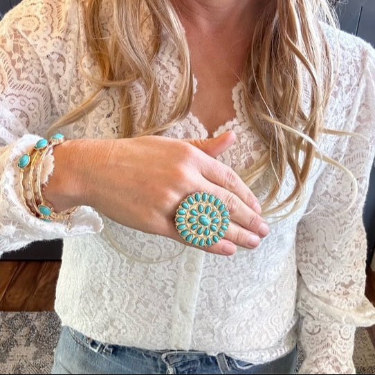 Model Close Up Squash Blossom Turquoise & Gold Western Ring