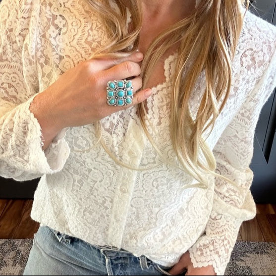 Model View Turquoise and Silver Square Western Ring
