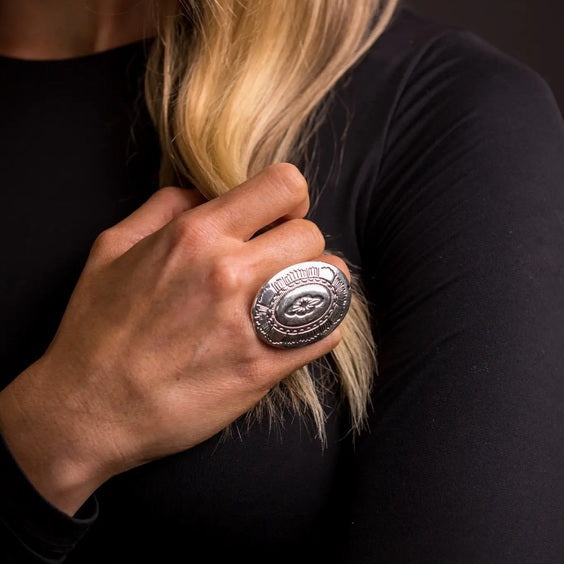 Model Wearing Western Silver Conch Ring