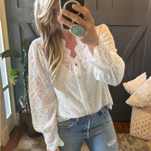 Feminine Model Emmy Scalloped Lace Button Front Blouse