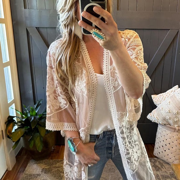 Sweetwater Bohemian Embroidered Cardigan by Lavender Tribe Design. Model