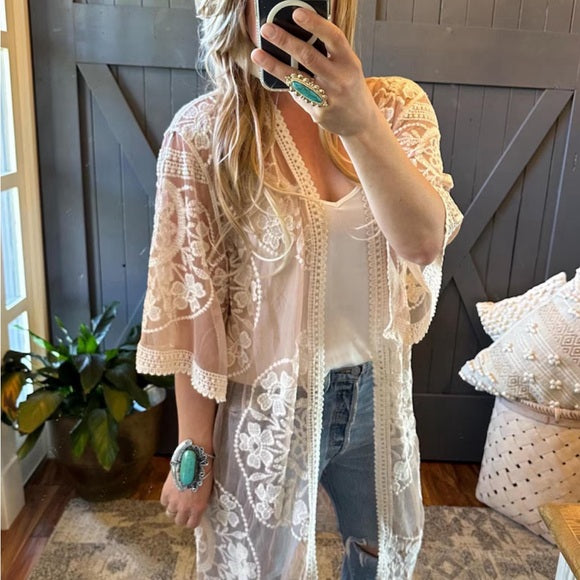 Model Selfie Sweetwater Bohemian Embroidered Cardigan by Lavender Tribe Design.