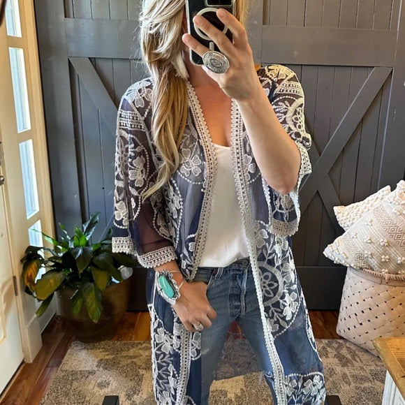 Model Sweetwater Bohemian Embroidered Cardigan by Lavender Tribe Design Bohemian Lightweight Navy Kimono