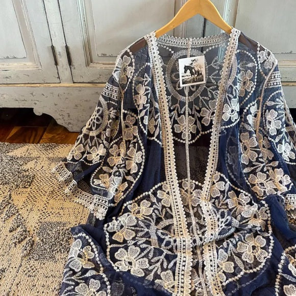 Sweetwater Bohemian Embroidered Cardigan by Lavender Tribe Design Bohemian Lightweight Navy Kimono Hanging