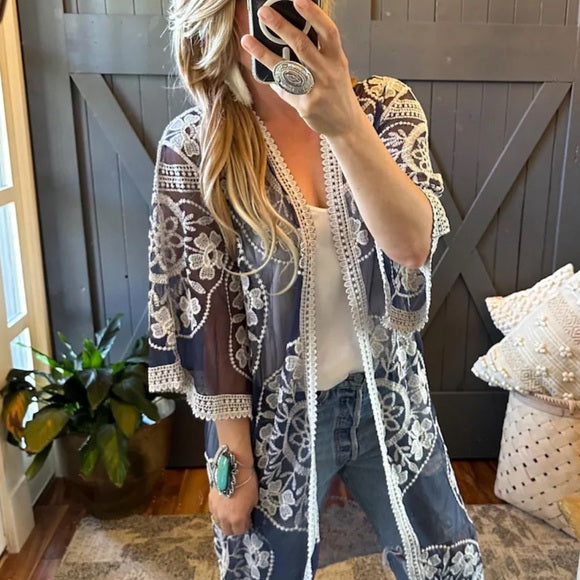 Model Selfie Sweetwater Bohemian Embroidered Cardigan by Lavender Tribe Design Bohemian Lightweight Navy Kimono