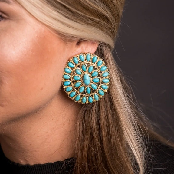 Turquoise Squash Blossom Western Oversized Earring Model