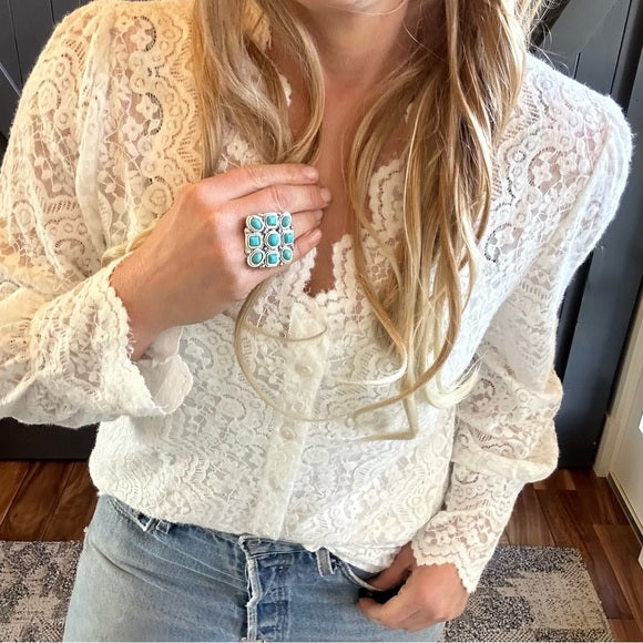 Turquoise and Silver Square Western Ring Model View