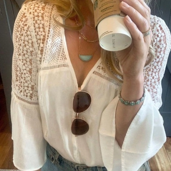 Thorp White Lace Button Front Crochet Western Blouse - Lavender Tribe