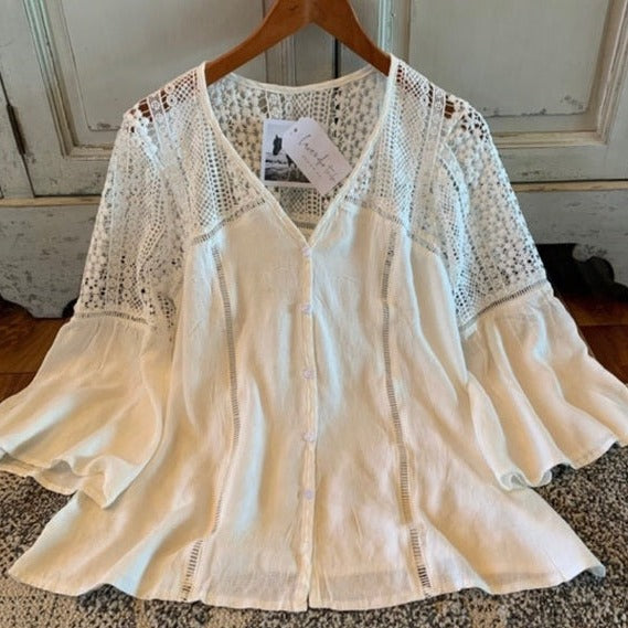 Thorp White Lace Button Front Crochet Western Blouse - Lavender Tribe