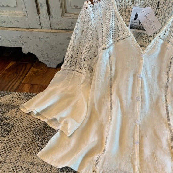Thorp White Lace Button Front Crochet Western Blouse - Lavender Tribe