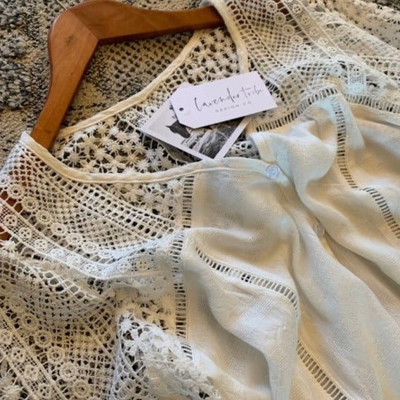 Thorp White Lace Button Front Crochet Western Blouse - Lavender Tribe