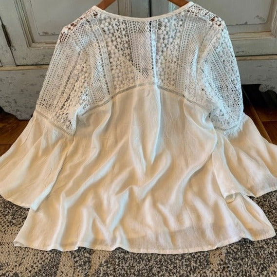 Thorp White Lace Button Front Crochet Western Blouse - Lavender Tribe