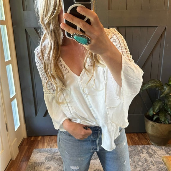 Thorp White Lace Button Front Crochet Western Blouse - Lavender Tribe