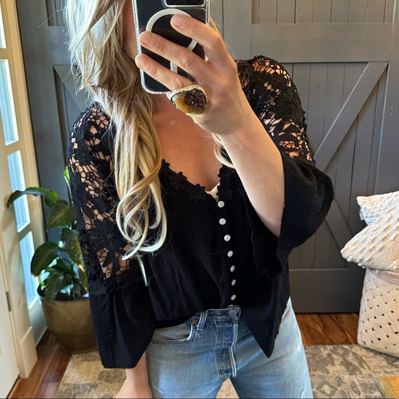 Roslyn Black Lace Long Sleeve Button Front Blouse