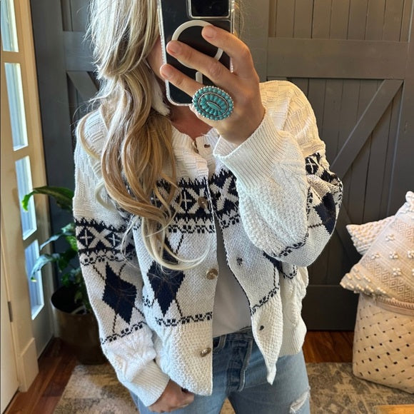 Memphis Argyle Print Button Front Cotton Cardigan Sweater