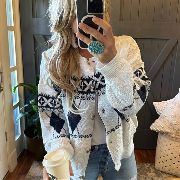 Memphis Argyle Print Button Front Cotton Cardigan Sweater