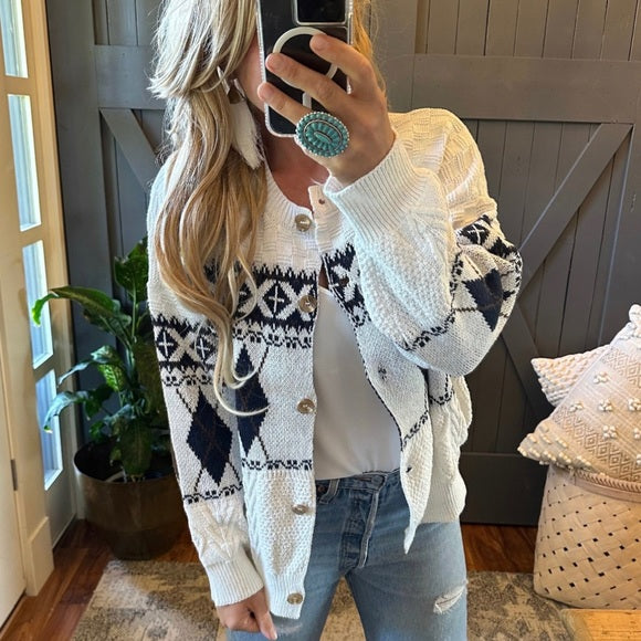 Memphis Argyle Print Button Front Cotton Cardigan Sweater