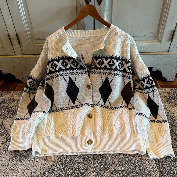 Memphis Argyle Print Button Front Cotton Cardigan Sweater