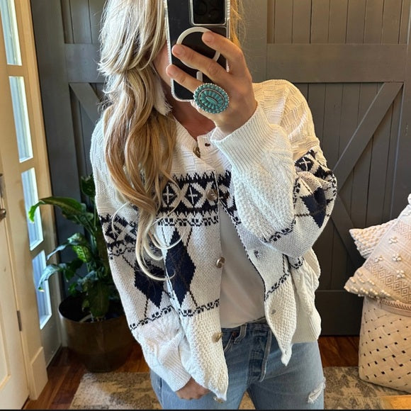 Memphis Argyle Print Button Front Cotton Cardigan Sweater