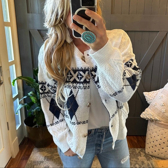 Memphis Argyle Print Button Front Cotton Cardigan Sweater