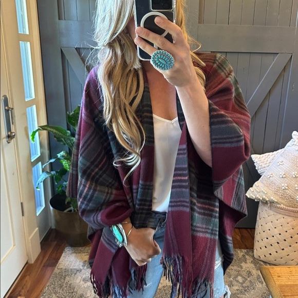 Franklin Cozy Plaid Poncho Blanket Cardigan Sweater