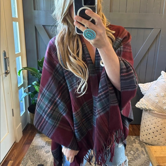 Franklin Cozy Plaid Poncho Blanket Cardigan Sweater