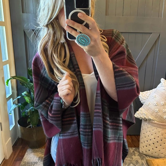 Franklin Cozy Plaid Poncho Blanket Cardigan Sweater