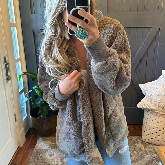 Feather Lodge Teddy Hooded Cardigan Sweater Coat in Brown