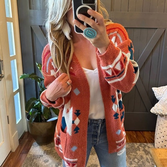 Westly Aztec Teddy Blanket Cardigan Sweater in Rust