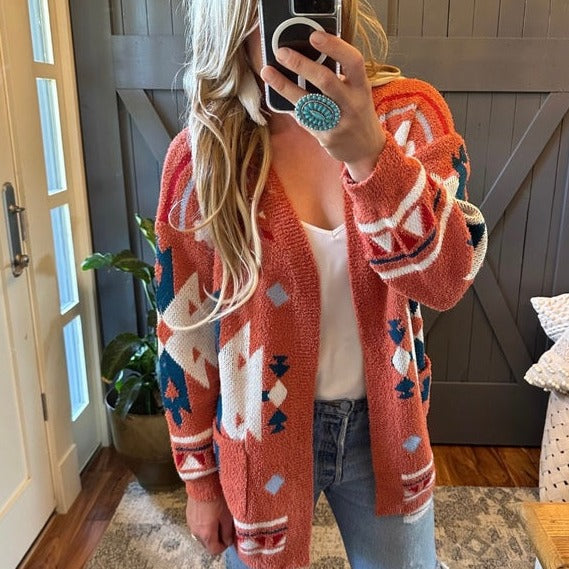 Westly Aztec Teddy Blanket Cardigan Sweater in Rust