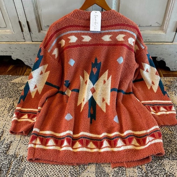 Westly Aztec Teddy Blanket Cardigan Sweater in Rust