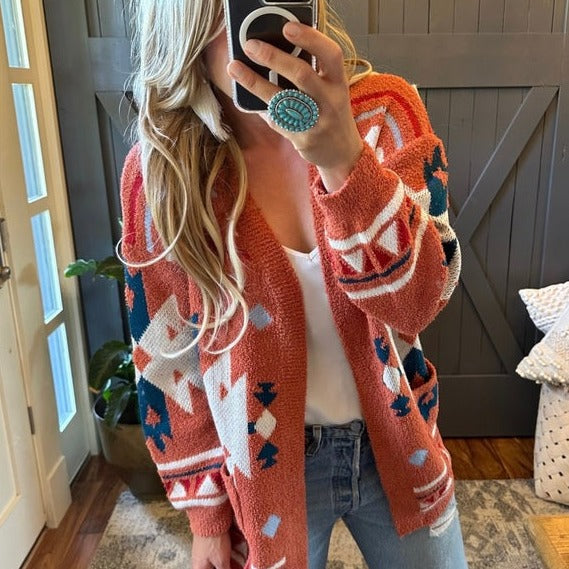 Westly Aztec Teddy Blanket Cardigan Sweater in Rust