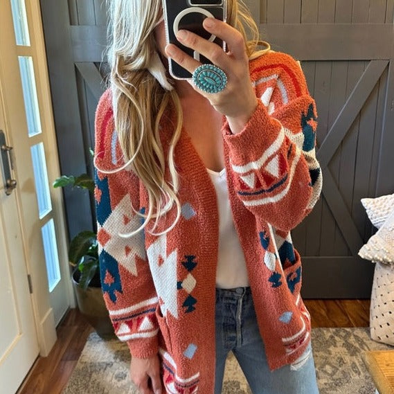 Westly Aztec Teddy Blanket Cardigan Sweater in Rust