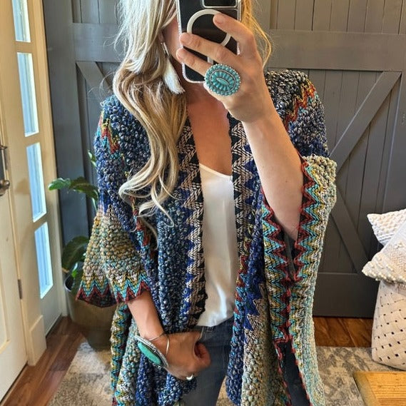 Bohemian Loom Cardigan Sweater in Blue